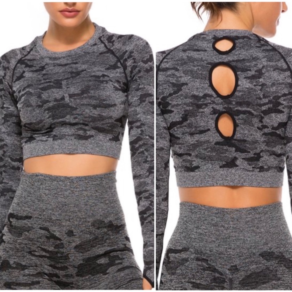 Seasum Long Sleeve Seamless Yoga Grey Camo Crop Top